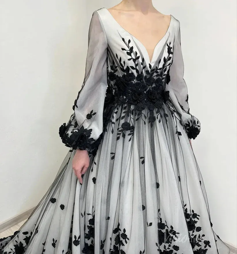 Black White Wedding Dress Floral Long Puff Sleeves with 3D Flowers sold by My Chic Dress product image thumbnail 2