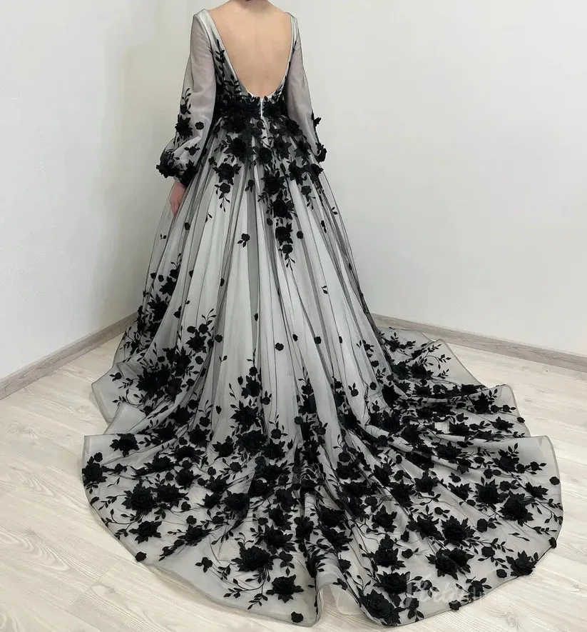 Black White Wedding Dress Floral Long Puff Sleeves with 3D Flowers sold by My Chic Dress product image thumbnail 4