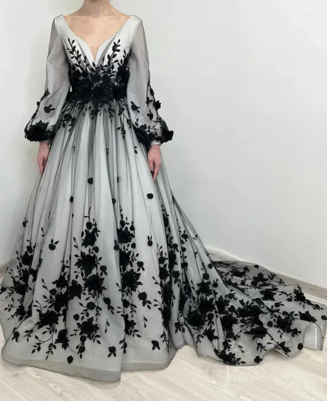 Black White Wedding Dress Floral Long Puff Sleeves with 3D Flowers sold by My Chic Dress