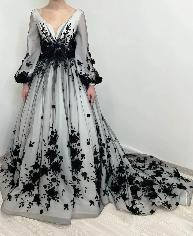 Black White Wedding Dress Floral Long Puff Sleeves with 3D Flowers sold by My Chic Dress