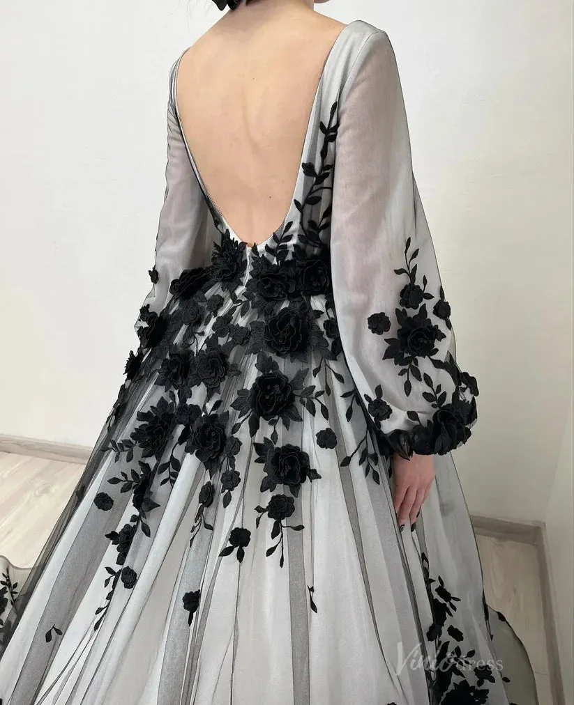 Black White Wedding Dress Floral Long Puff Sleeves with 3D Flowers sold by My Chic Dress product image thumbnail 5