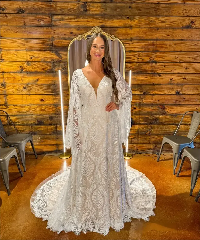 A-Line Lace Boho Wedding Dress with Puff Sleeves Plunging V-Neck sold by My Chic Dress