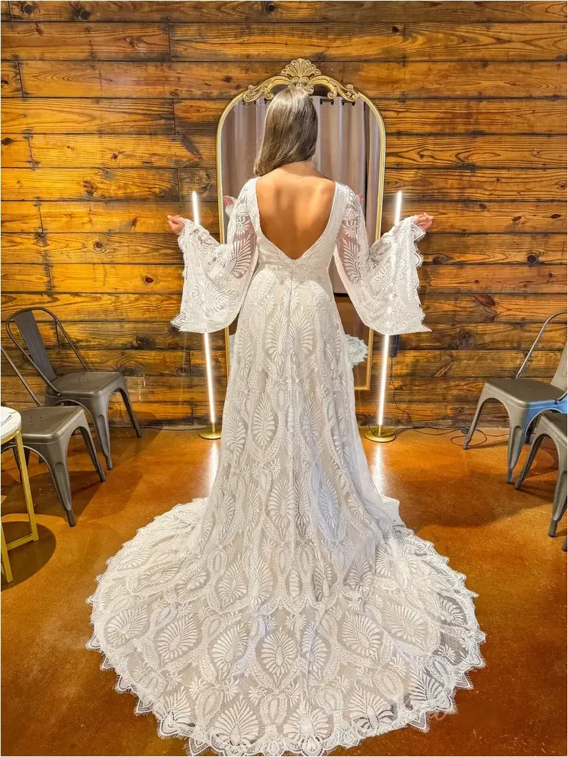 A-Line Lace Boho Wedding Dress with Puff Sleeves Plunging V-Neck sold by My Chic Dress product image thumbnail 2