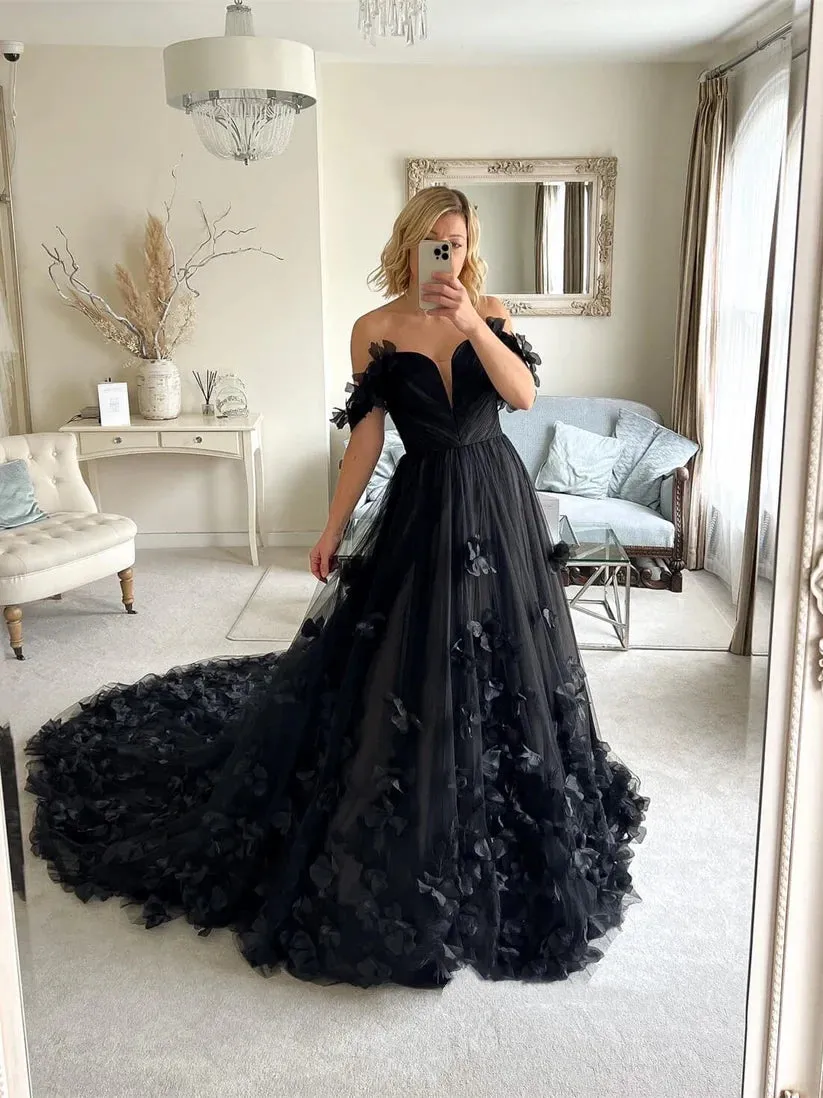 Off Shoulder Black Gothic Wedding Dress with 3D Flowers sold by My Chic Dress