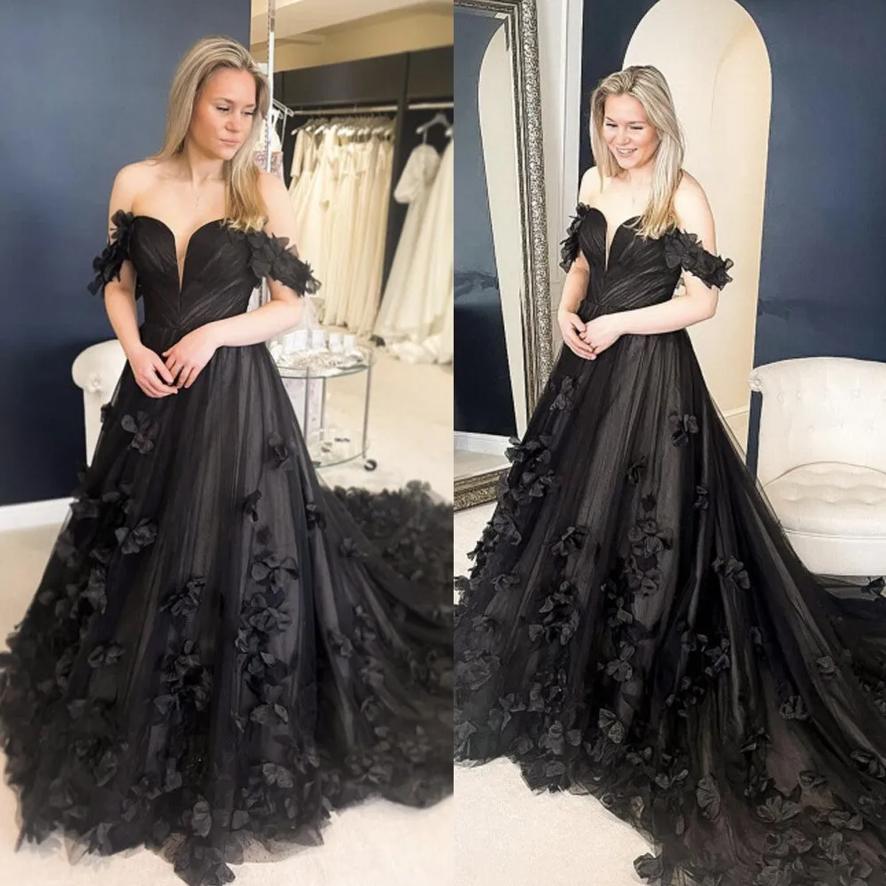 Off Shoulder Black Gothic Wedding Dress with 3D Flowers sold by My Chic Dress product image thumbnail 5