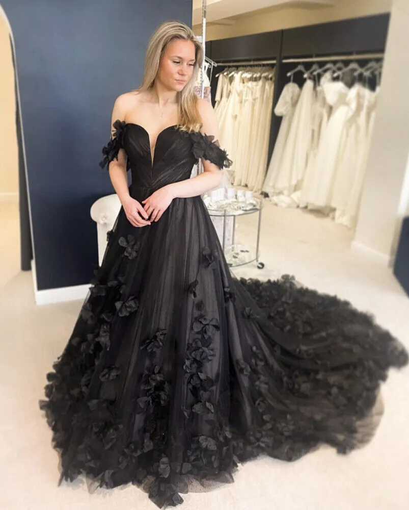Off Shoulder Black Gothic Wedding Dress with 3D Flowers sold by My Chic Dress product image thumbnail 2
