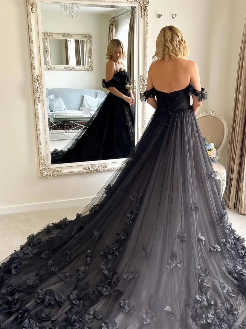 Off Shoulder Black Gothic Wedding Dress with 3D Flowers sold by My Chic Dress product image thumbnail 4