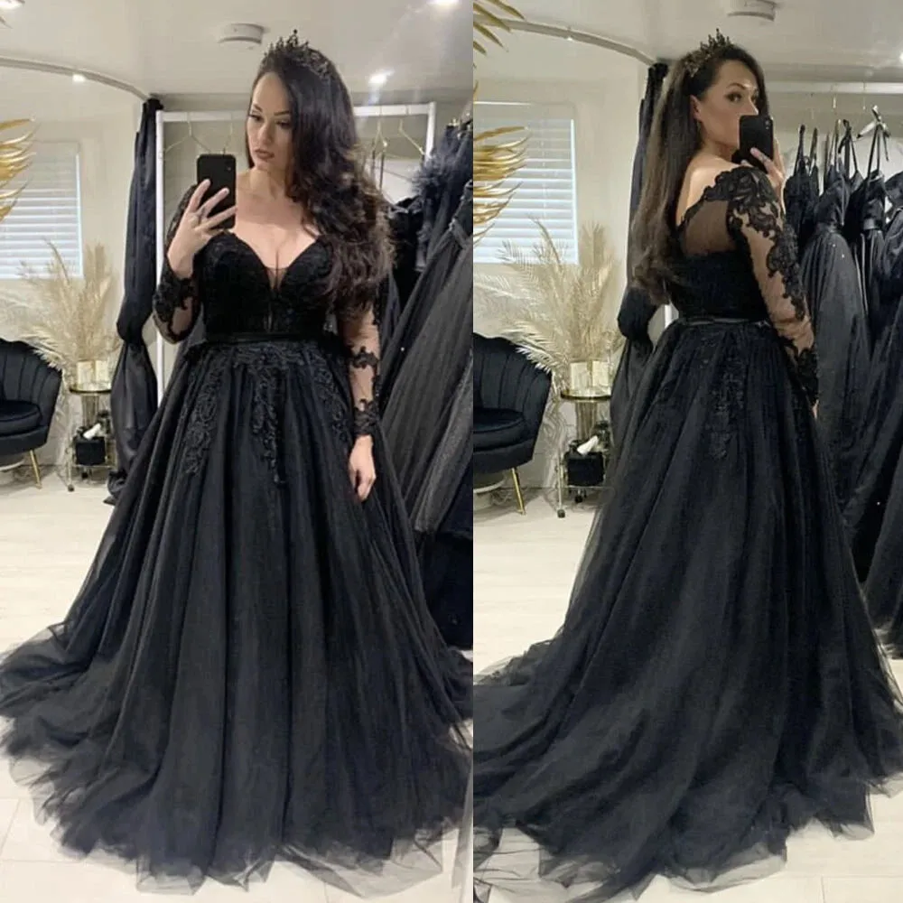 Gothic Long Sleeve Black Wedding Dress Lace V-Neck A Line sold by My Chic Dress product image thumbnail 3