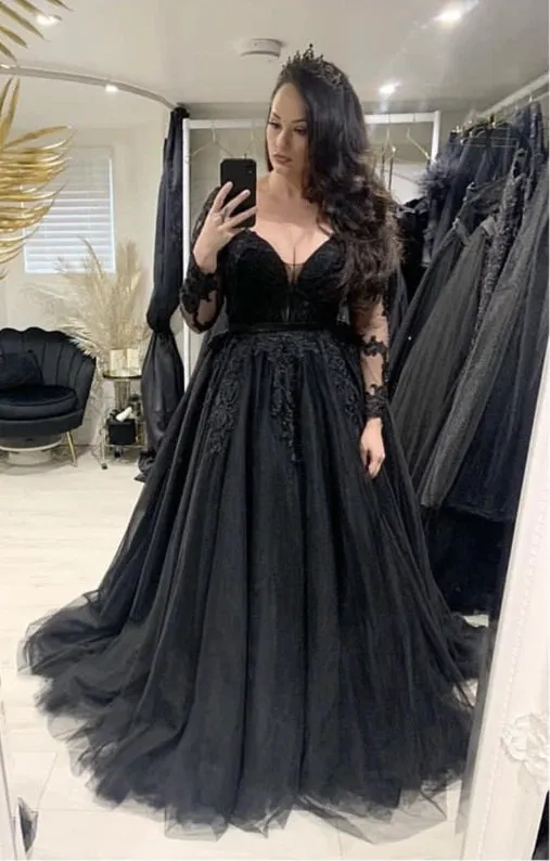 Gothic Long Sleeve Black Wedding Dress Lace V-Neck A Line sold by My Chic Dress