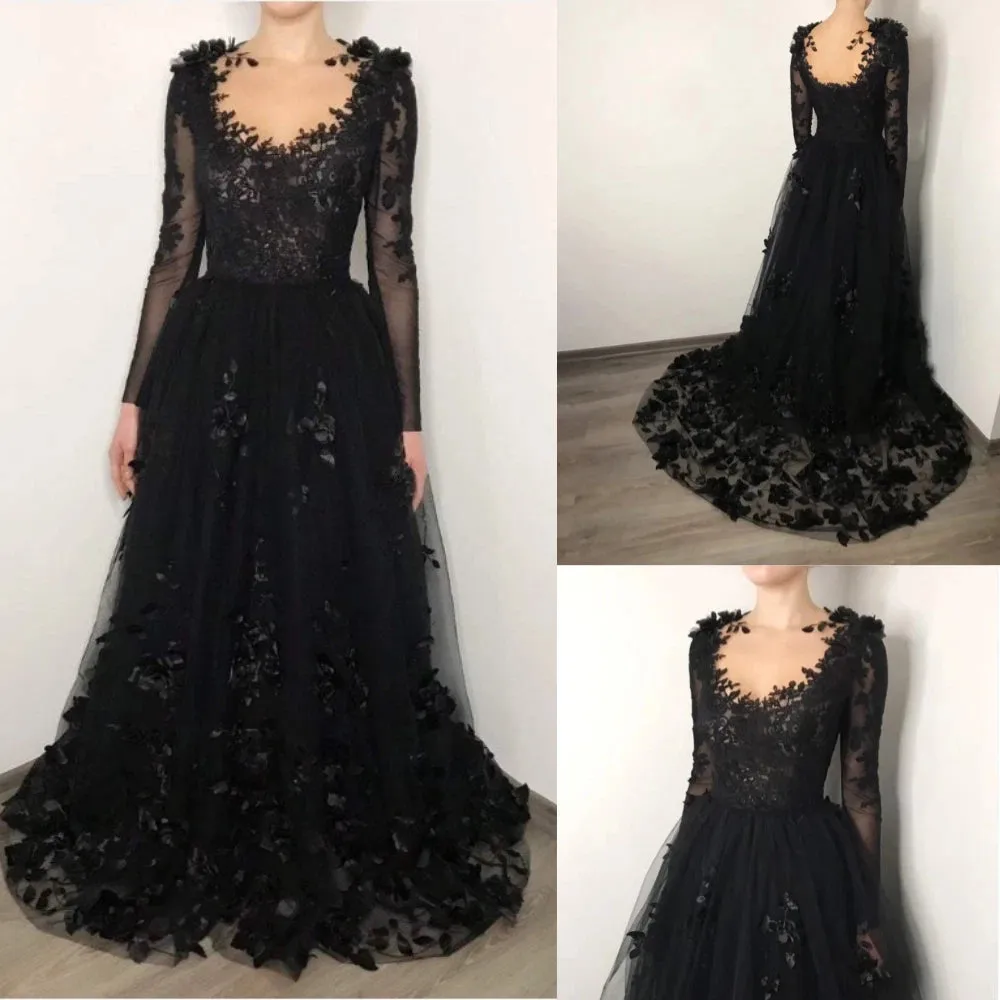 Vintage Black Long Sleeves Wedding Dress Lace A-Line Bridal Gowns sold by My Chic Dress product image thumbnail 5