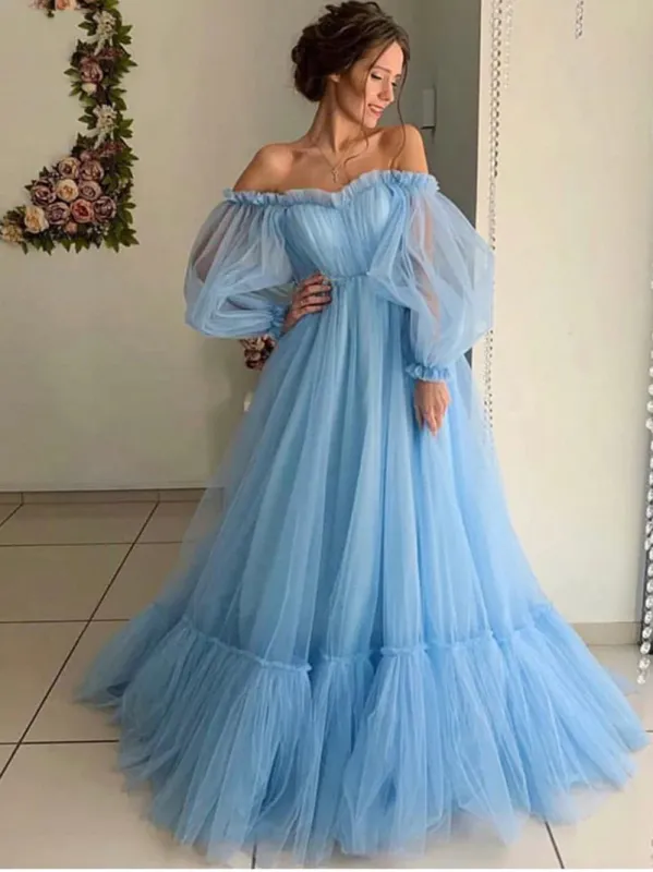 Long Sleeve Maxi Party Dress Blue Off Shoulder A-Line Photoshoot Dress sold by My Chic Dress