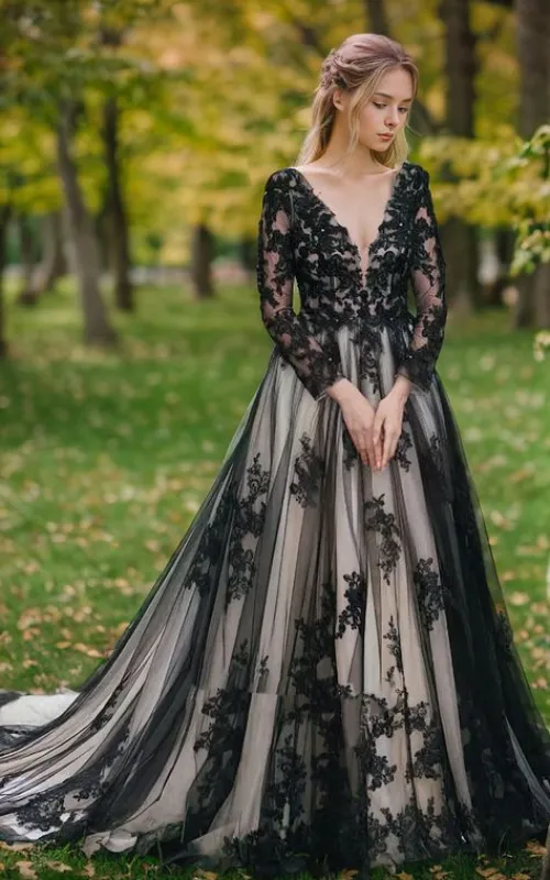 Boho Gothic Lace Black White Wedding Dress Long-Sleeve sold by My Chic Dress