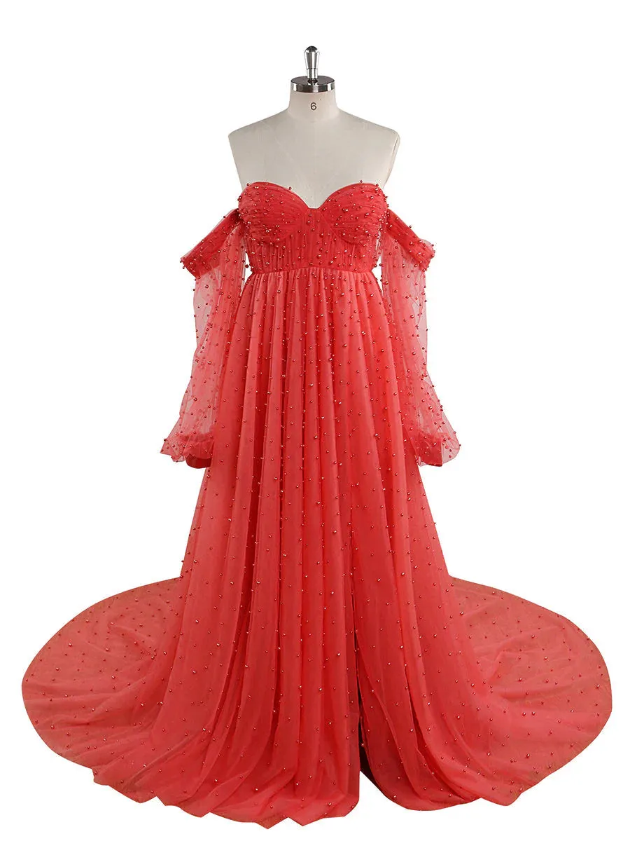 Off Shoulder Pearls Maternity Dress with Sleeves Photoshoot Dresses for Ladies sold by My Chic Dress product image thumbnail 5