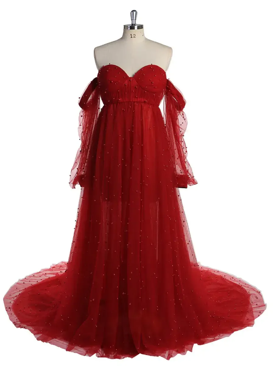 Off Shoulder Pearls Maternity Dress with Sleeves Photoshoot Dresses for Ladies sold by My Chic Dress product image thumbnail 2