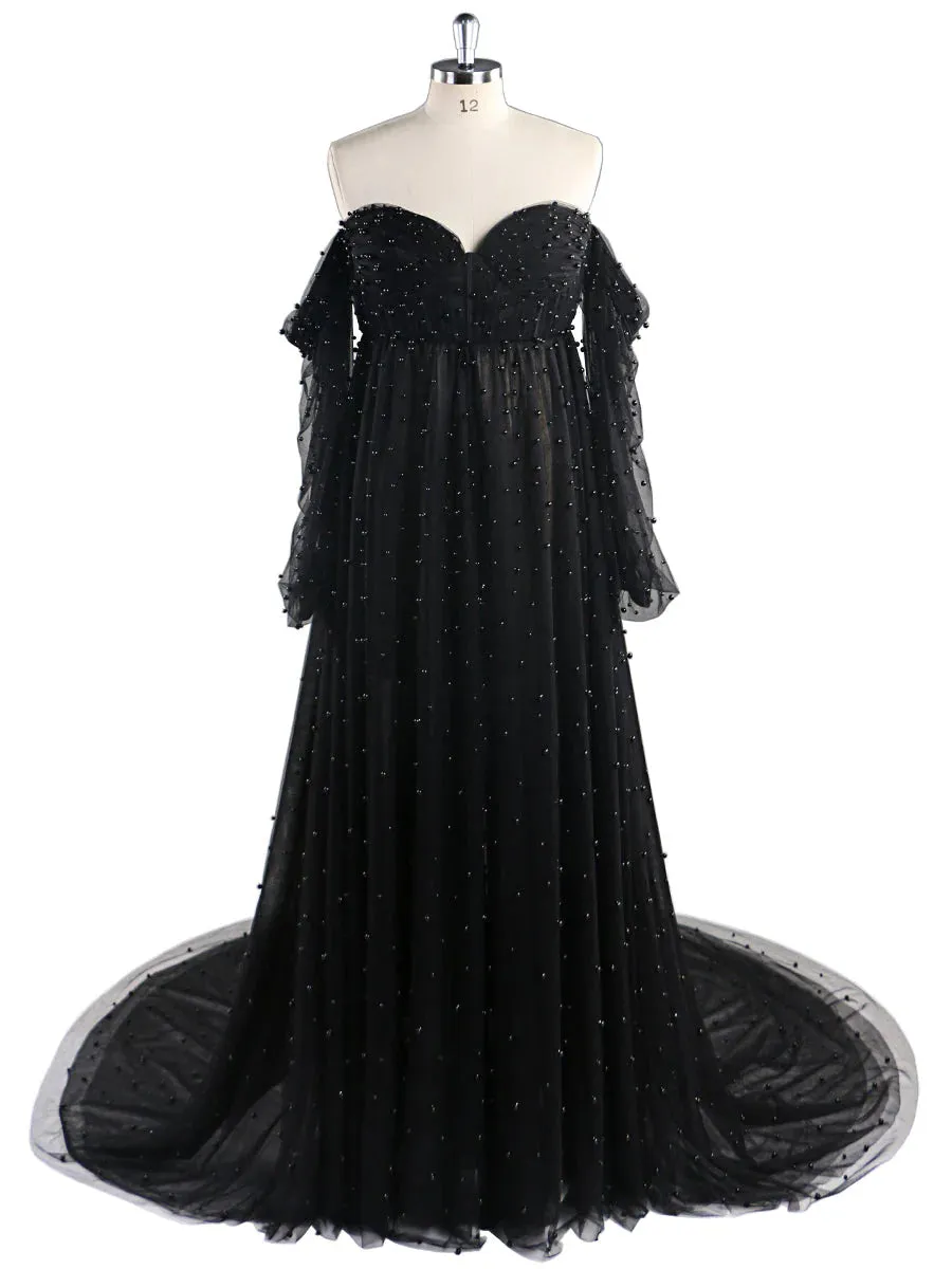 Off Shoulder Pearls Maternity Dress with Sleeves Photoshoot Dresses for Ladies sold by My Chic Dress product image thumbnail 4