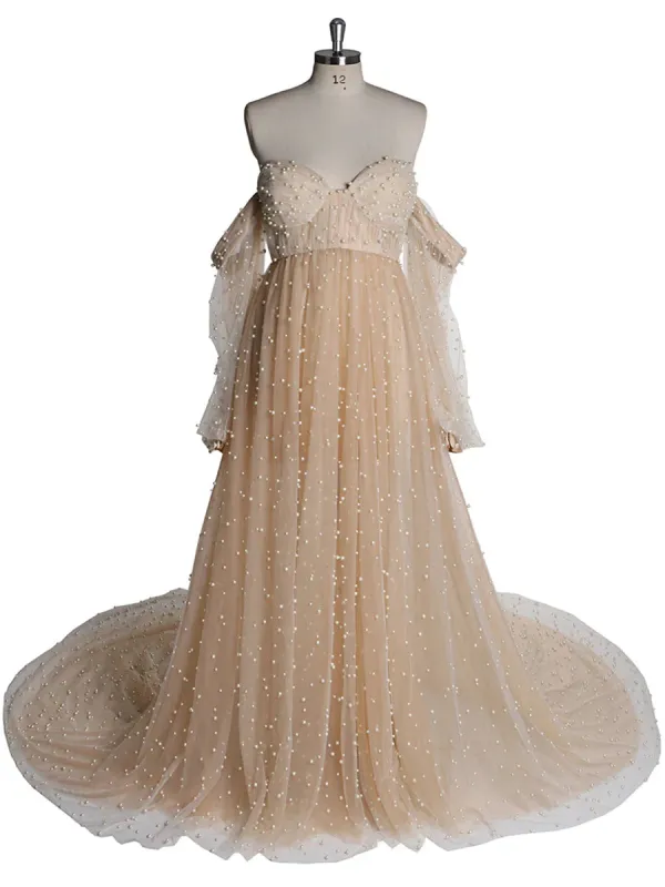 Off Shoulder Pearls Maternity Dress with Sleeves Photoshoot Dresses for Ladies sold by My Chic Dress
