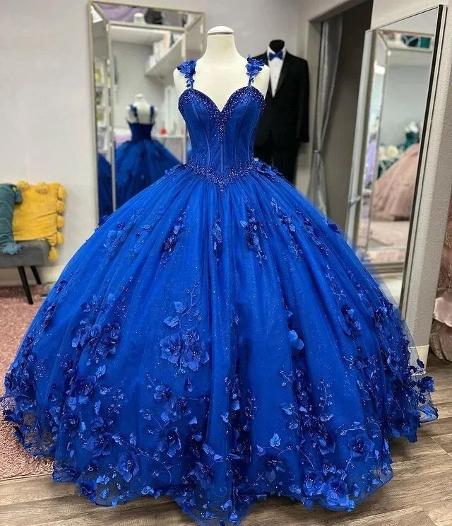 New Royal Blue Quinceanera Dress Beaded Spaghetti Straps with 3D Flowers sold by My Chic Dress product image thumbnail 2
