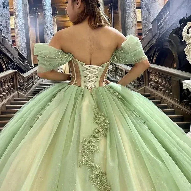 Affordable Sage Green Quinceanera Dress Off Shoulder Beading Floral Appliqué sold by My Chic Dress product image thumbnail 4