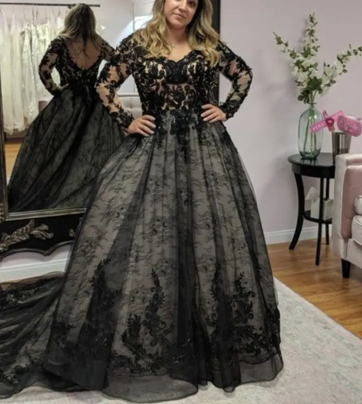 Gothic Wedding Dresses Black Lace V Neck Long Sleeves Bridal Gown sold by My Chic Dress