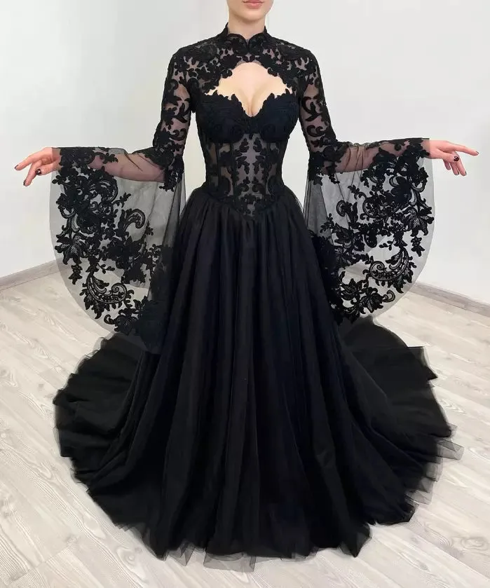 A-Line Gothic Wedding Dress with Sleeves Black Lace Jacket sold by My Chic Dress