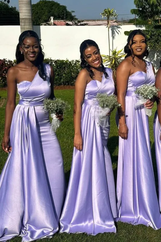 One Shoulder Lavender Bridesmaid Dress Long Satin Maxi Dress sold by My Chic Dress