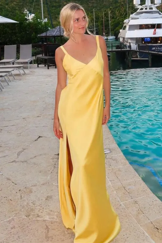 Sheath Yellow Maxi Dress For Wedding Guests V-Neck Tie-Back with Slit sold by My Chic Dress