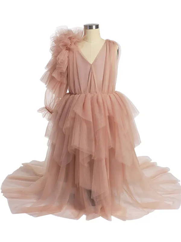 Cute Tulle Flower Girl Dress One-Shoulder Full sleeves First Communion Dresses for Girls sold by My Chic Dress