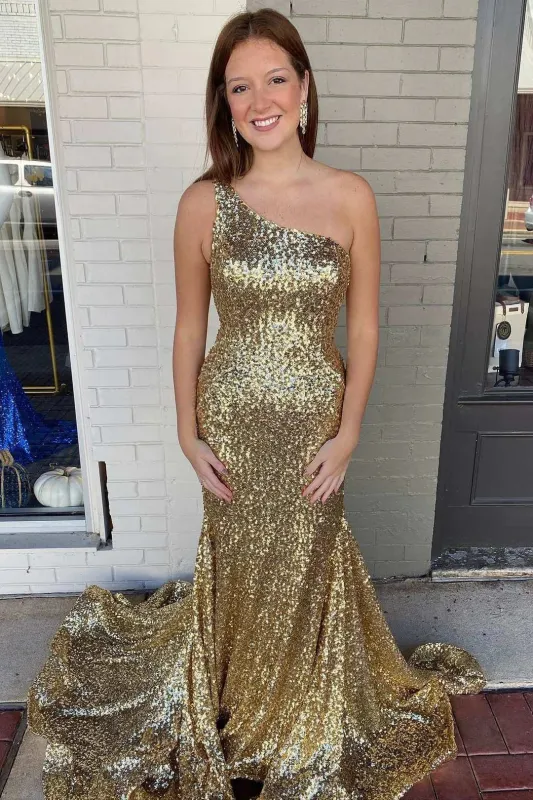 Gold Sequin Prom Dress One-Shoulder Trumpet Mermaid Maxi Dresses sold by My Chic Dress