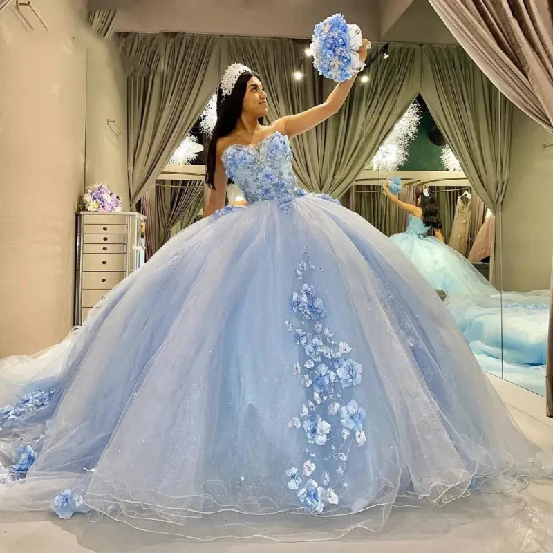 Ball-Gown Sky Blue Quinceanera Dresses 3D Flower Tulle Strapless Sleeveless sold by My Chic Dress