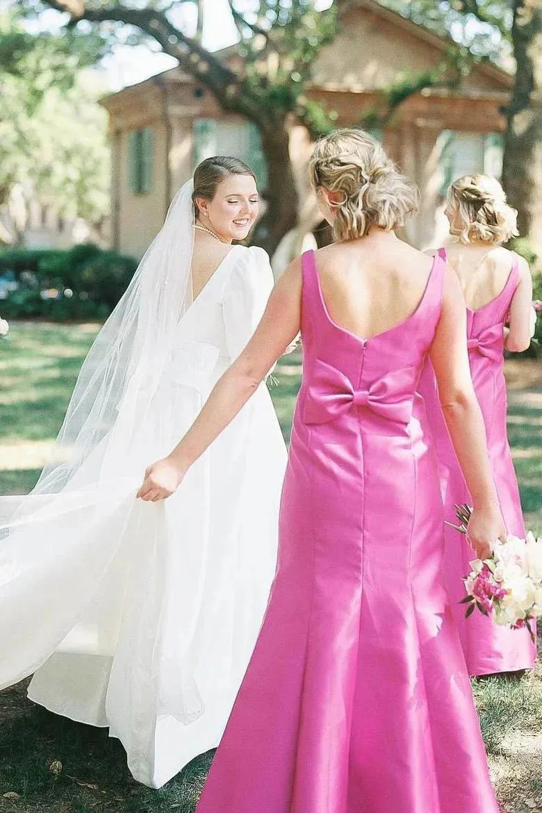 Sheath Fuchsia Bridesmaid Dresses Square Neck Satin with Bow sold by My Chic Dress product image thumbnail 3