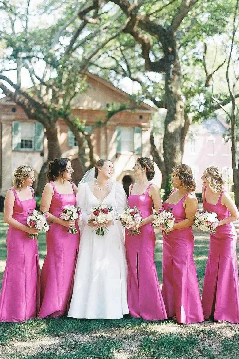 Sheath Fuchsia Bridesmaid Dresses Square Neck Satin with Bow sold by My Chic Dress