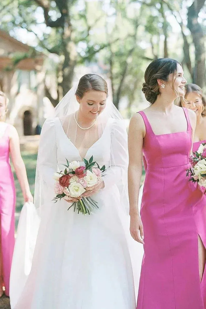 Sheath Fuchsia Bridesmaid Dresses Square Neck Satin with Bow sold by My Chic Dress product image thumbnail 2