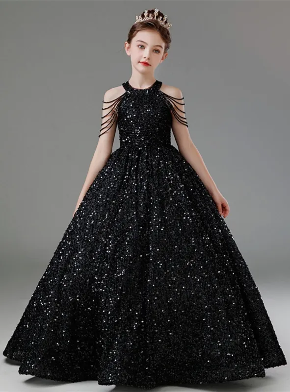 A-Line Black Sequin Flower Girl Dress Halter Beading sold by My Chic Dress