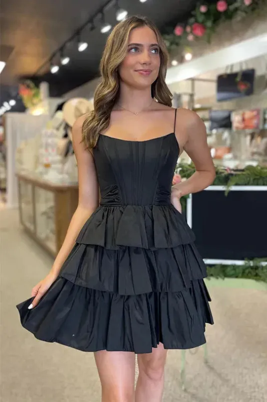 Black Sleeveless A-Line Tiered Satin Homecoming Dress with Ruffles sold by My Chic Dress