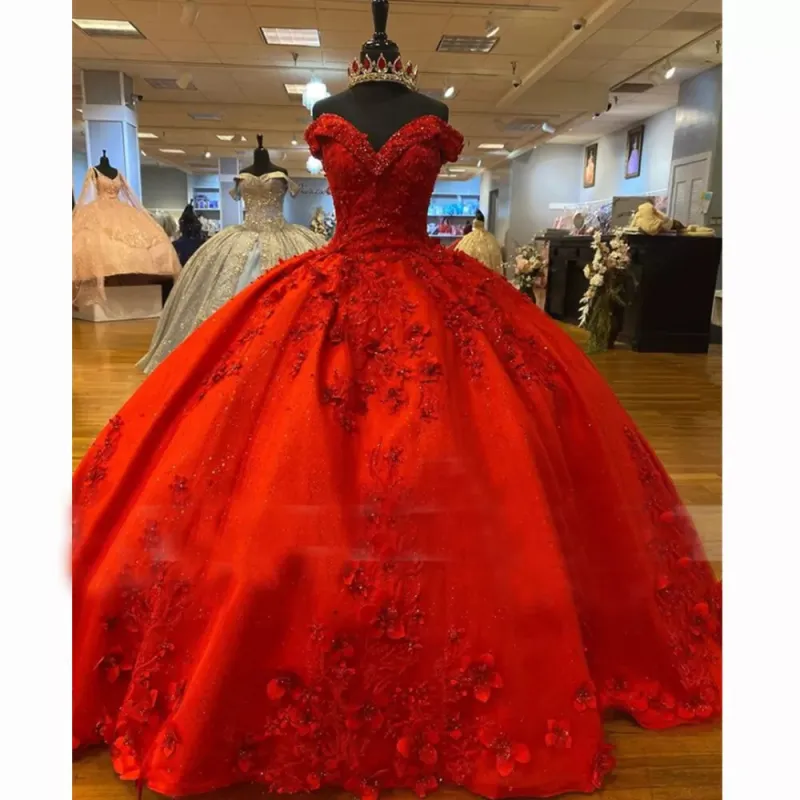 Cheap Off Shoulder Red Sweet 16 Quinceanera Dresses with Lace Applique sold by My Chic Dress