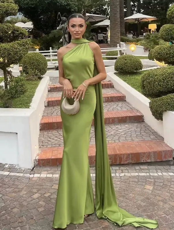 Green Satin Black Tie Wedding Guest Dress Halter Maxi Dress sold by My Chic Dress