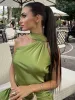 Green Satin Black Tie Wedding Guest Dress Halter Maxi Dress sold by My Chic Dress