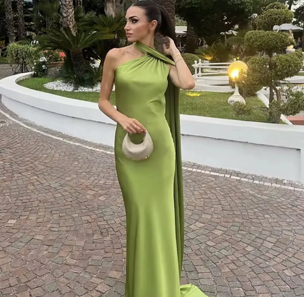 Green Satin Black Tie Wedding Guest Dress Halter Maxi Dress sold by My Chic Dress product image thumbnail 4