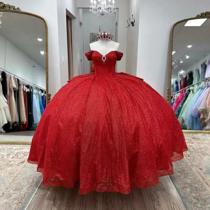Glitter Red Quinceanera Dress Near Me Beaded Off Shoulder with Bow sold by My Chic Dress