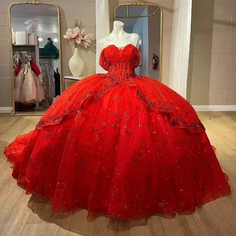 Ball Gown Quinceanera Red Dresses Lace Beaded Sweet 16 Party Dress sold by My Chic Dress