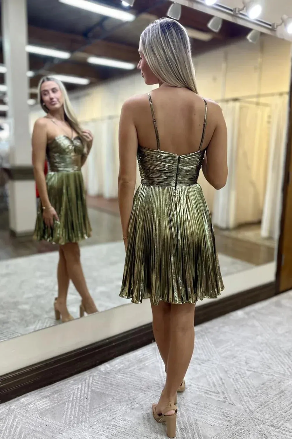 A Line Unique Gold Metallic Homecoming Dress Short Halter With Keyhole sold by My Chic Dress product image thumbnail 2