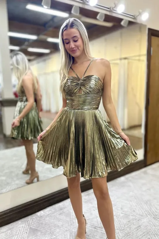 A Line Unique Gold Metallic Homecoming Dress Short Halter With Keyhole sold by My Chic Dress