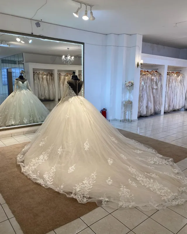 Ball Gown Long Sleeve Wedding Dress Lace Appliques with Long Train sold by My Chic Dress