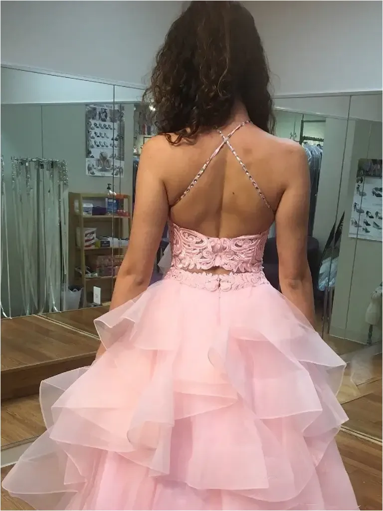 A Line Pink Lace 2 Piece Prom Dresses with Ruffles Skirt sold by My Chic Dress product image thumbnail 2