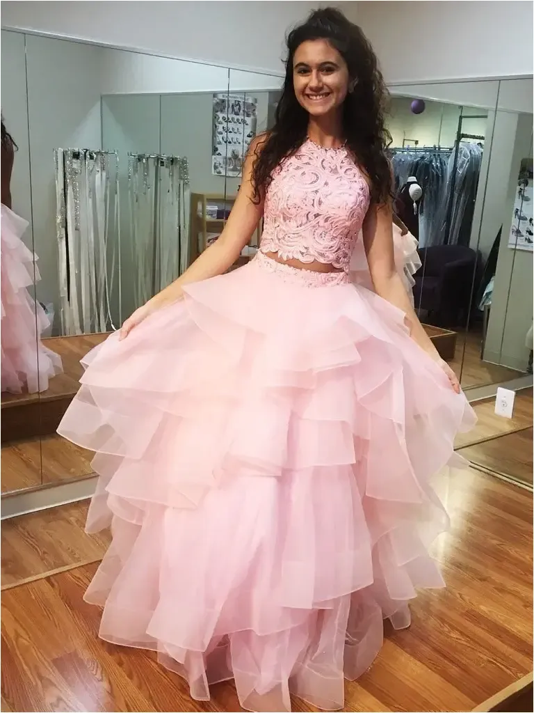 A Line Pink Lace 2 Piece Prom Dresses with Ruffles Skirt sold by My Chic Dress