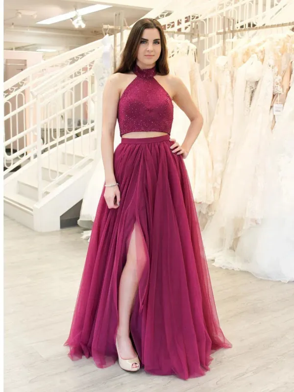 Halter 2 Piece Long Prom Dresses Beaded with Slit Tulle sold by My Chic Dress