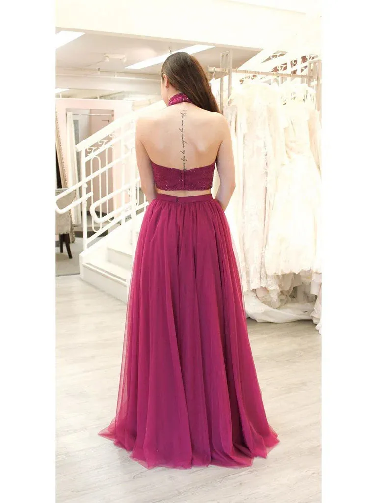 Halter 2 Piece Long Prom Dresses Beaded with Slit Tulle sold by My Chic Dress product image thumbnail 2