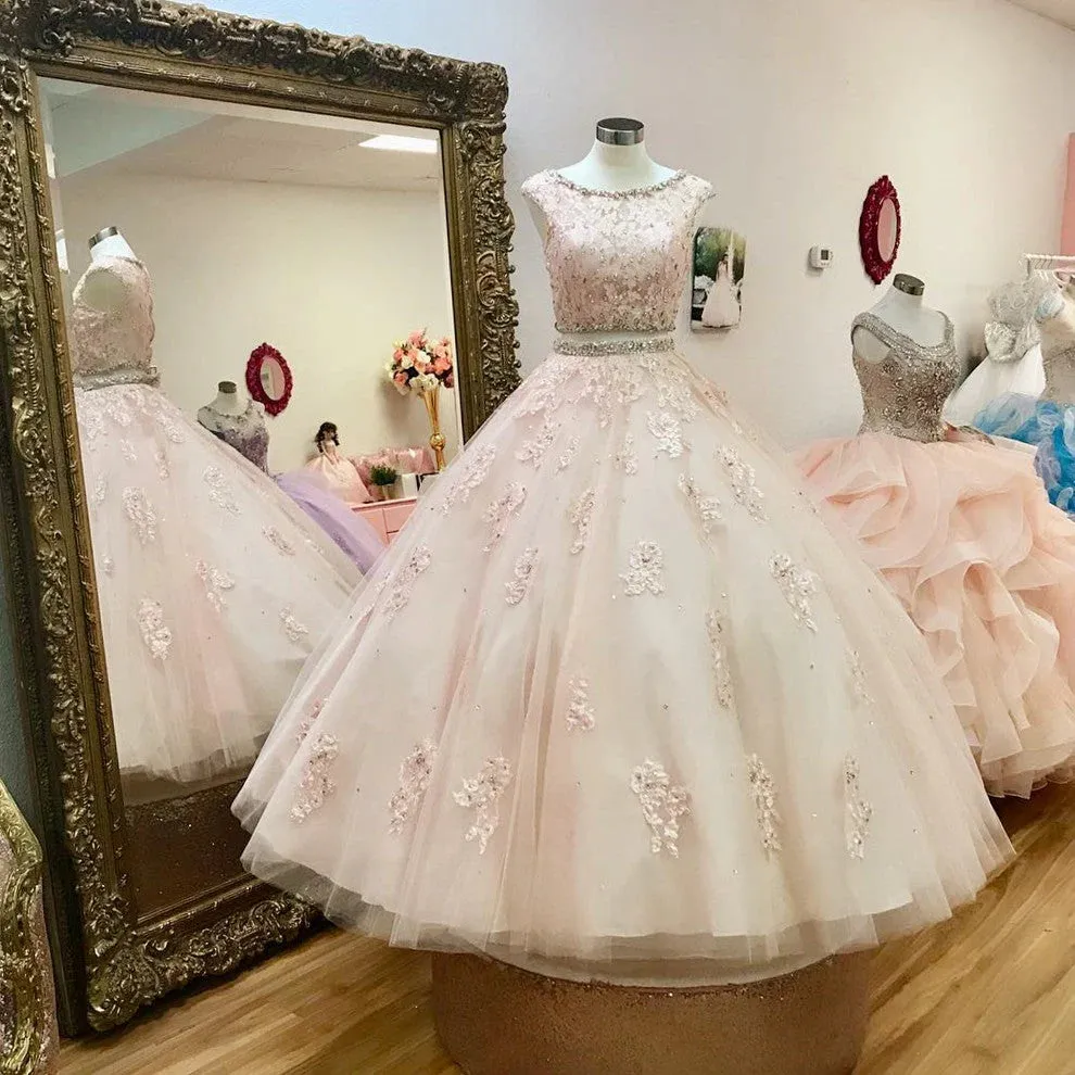 Pink Two Piece Quinceanera Dresses with Beaded Lace Crop Tulle sold by My Chic Dress product image thumbnail 4