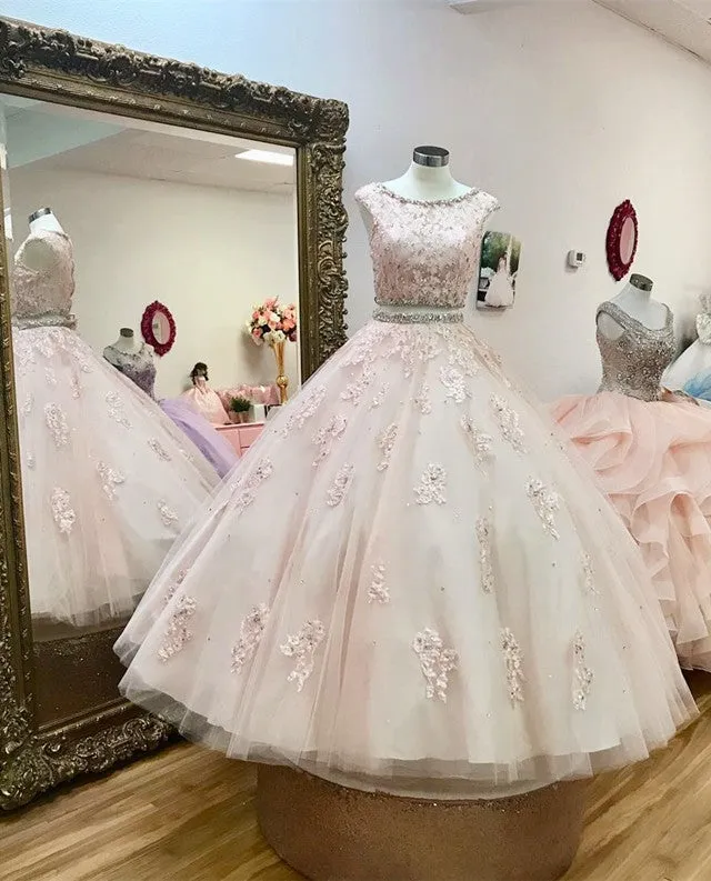 Pink Two Piece Quinceanera Dresses with Beaded Lace Crop Tulle sold by My Chic Dress product image thumbnail 2