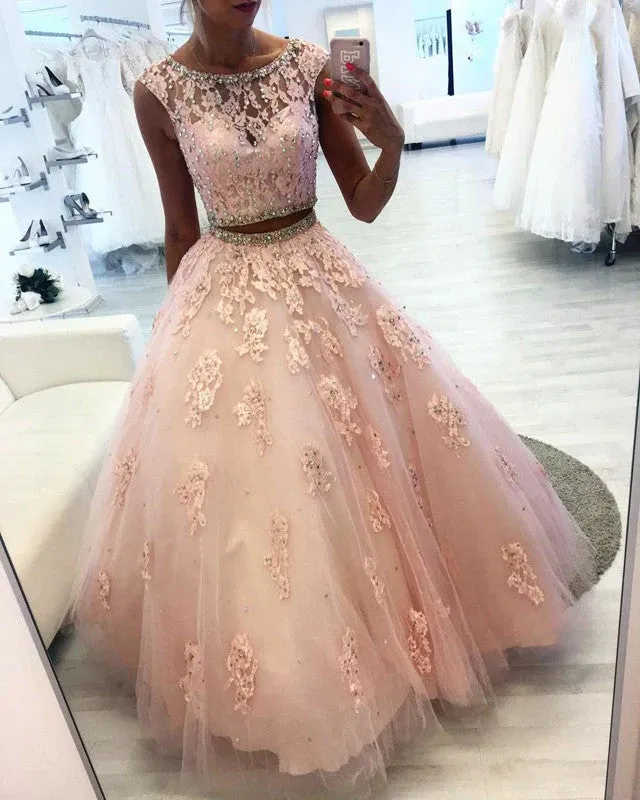 Pink Two Piece Quinceanera Dresses with Beaded Lace Crop Tulle made by My Chic Dress